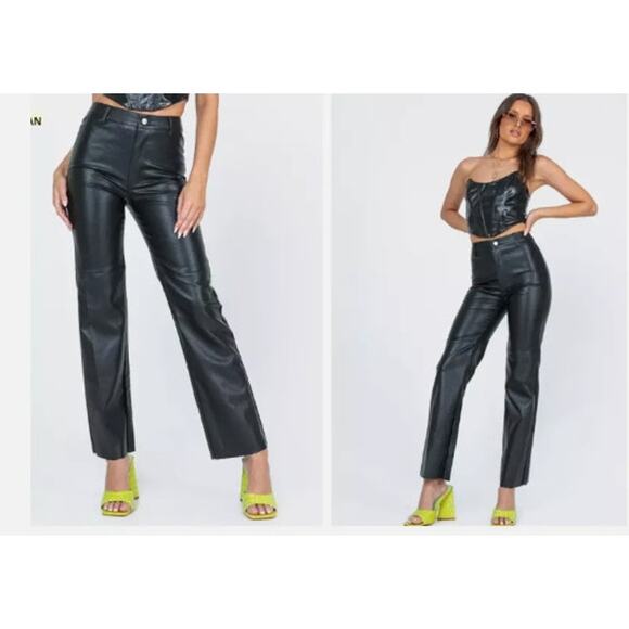 New NWT Princess Polly Macey Black‎ Vegan Leather Straight Pants 2 23 - Picture 1 of 9